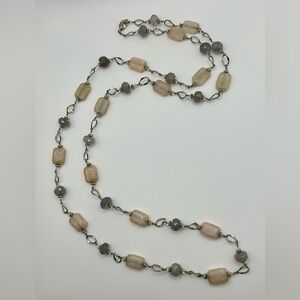 Long Gray Glass and Beige Stone Beaded Silver Tone Necklace